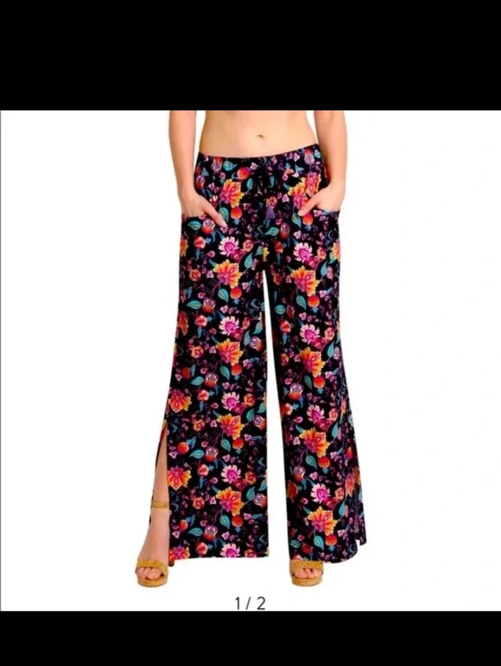 Nanette Lepore Black Wide-Leg Floral Pants with Side Slits